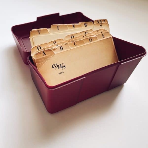 maroon index card box with dividers