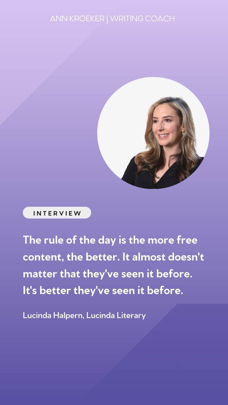 Purple gradient design as background with photo of Lucinda Halpern in a white circle, and a quote about the more free content, the better, from the podcast interview below it.
